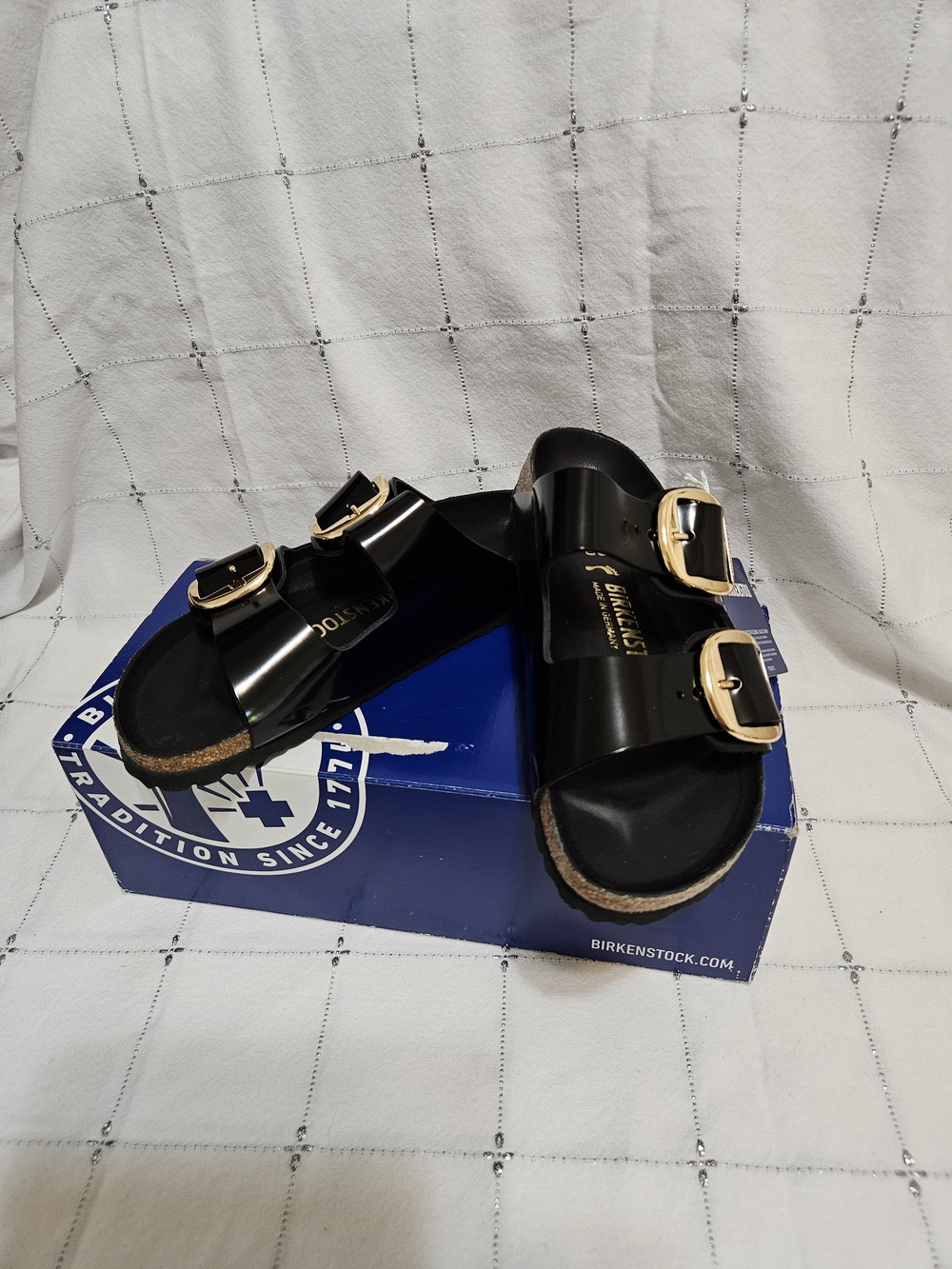 Birkenstock Arizona Leather 2 Straps in Black w/Gold Buckles Sz 36 (US 5)